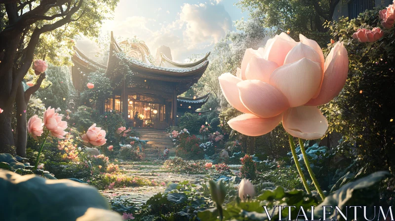 Pink Lotus and Temple View AI Image