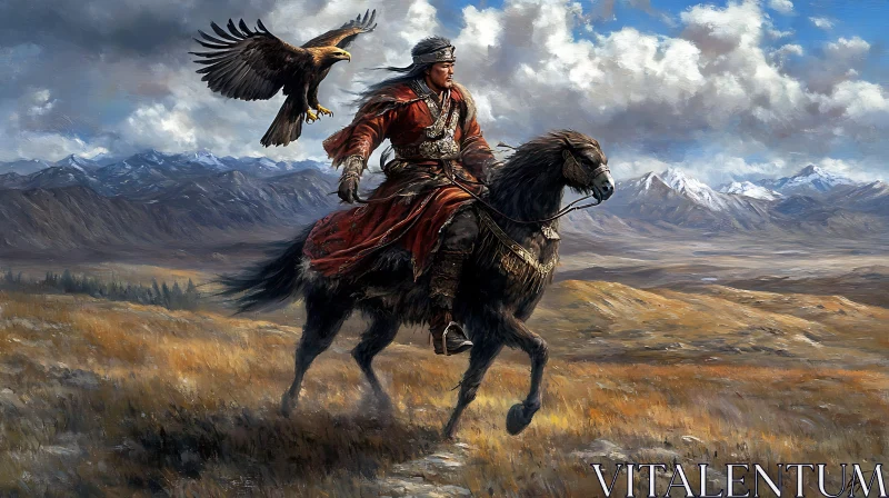 AI ART Equestrian Warrior with Eagle in Mountains