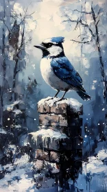 Blue Jay on Snowy Pillar