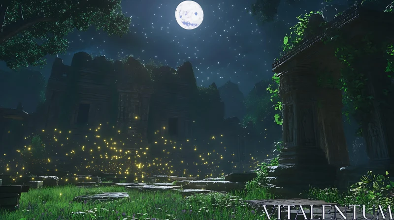 Ancient Ruins Under Moonlight AI Image