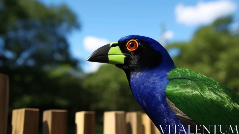 Blue and Green Bird on Wooden Fence - Unreal Engine Close-Up AI Image