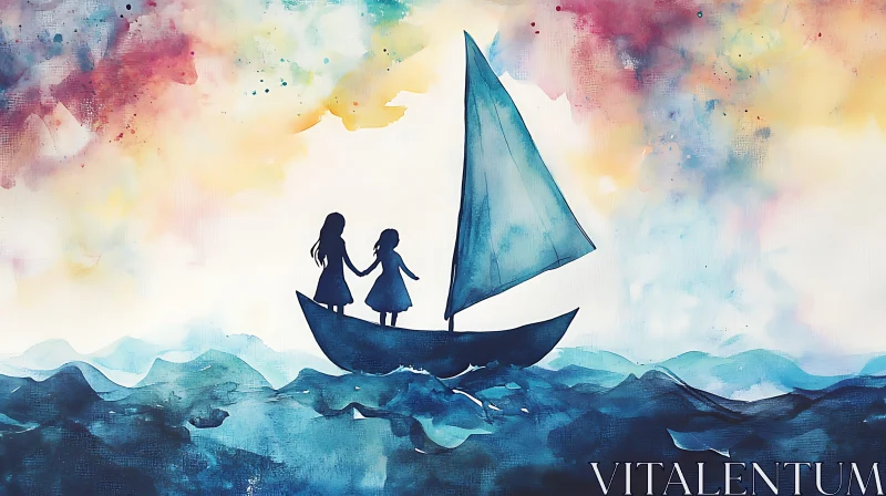 AI ART Sisters' Voyage Watercolor Painting