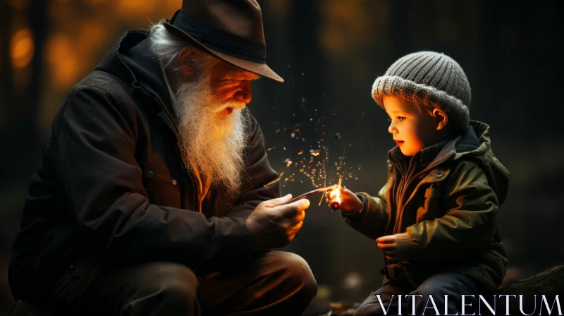 Captivating Moment of Child-Like Innocence: A Grandfather and Child with Sparklers AI Image