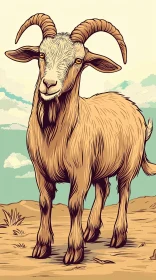 Illustrated Goat with Curved Horns