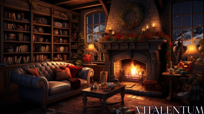 Cozy Christmas Living Room with Fireplace and Bookshelves AI Image