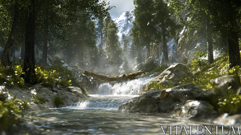 AI ART Tranquil River in Forested Mountain Area