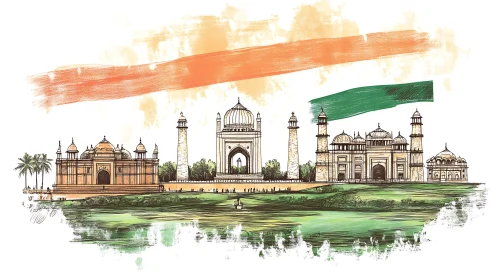 Iconic Indian Landmarks with Flag