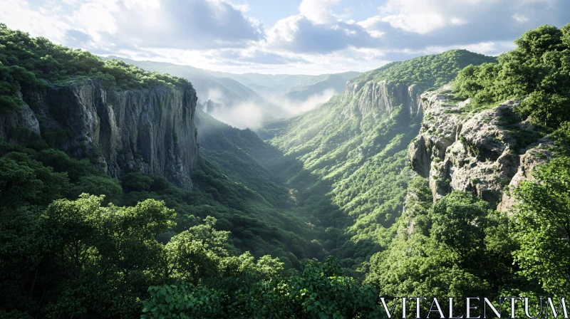 AI ART Mountain Valley Landscape with Forest-Clad Cliffs