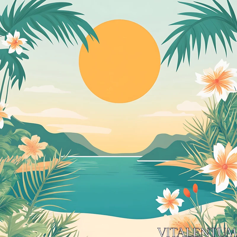 Serene Tropical Sunset Landscape AI Image