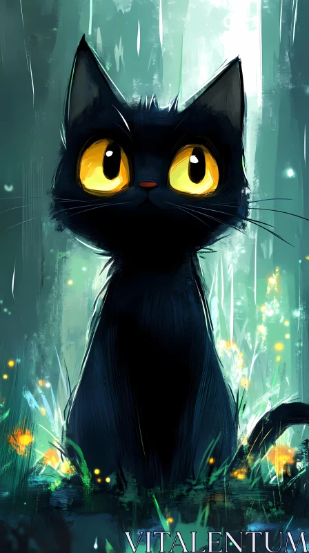 Whimsical Black Cat in a Magical Forest AI Image