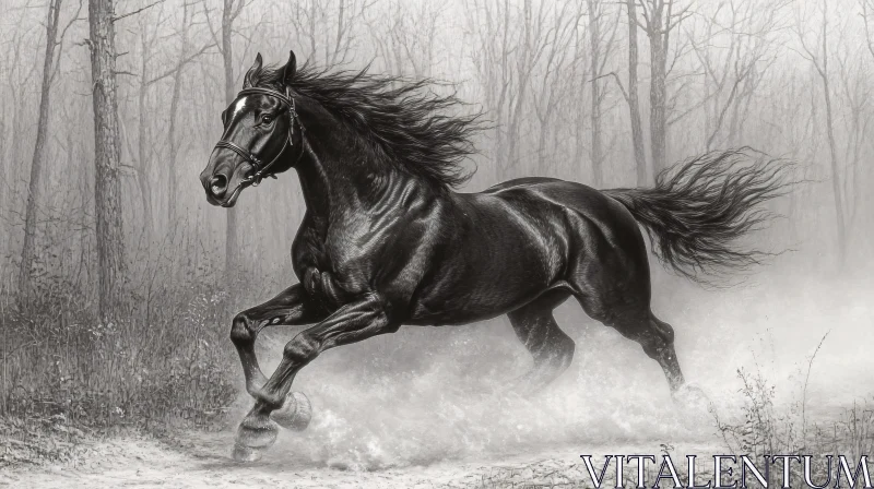 Galloping Horse Amidst Forest Mist AI Image