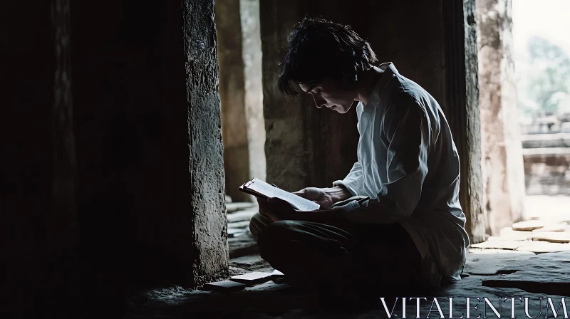 Man Reading in Shadowy Stone Room AI Image