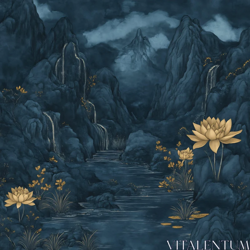 Serene Mountain and Lotus Flower Scenery AI Image