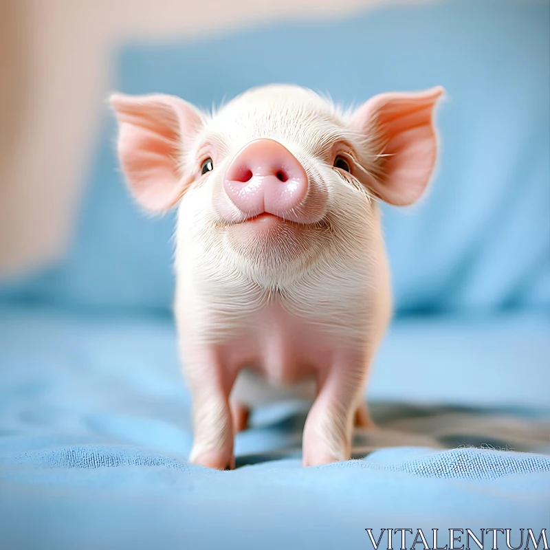 Charming Pink-Nosed Piglet on Soft Blue Blanket AI Image