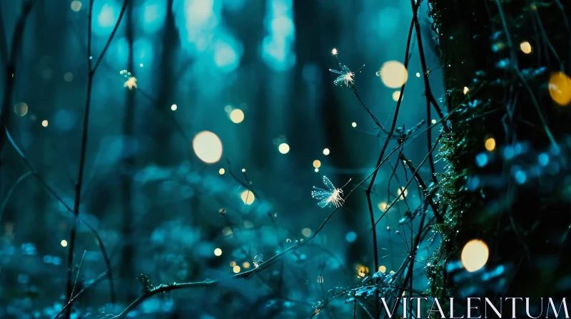 Enchanting Night Scene in a Forest: Moonlit Trees and Glowing Fairies AI Image