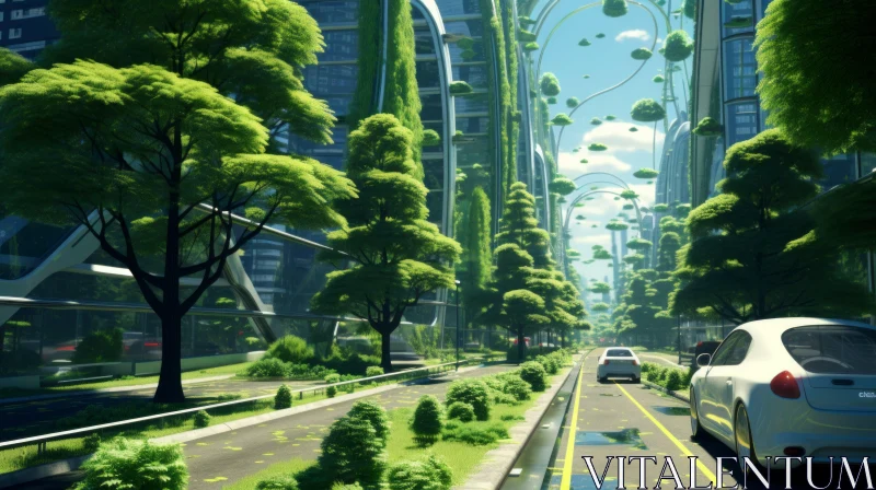 Ethereal Futuristic City with Lush Nature and Busy Streets AI Image