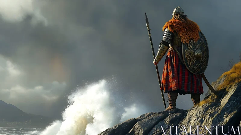 AI ART Lone Warrior on Cliff Overlooking Sea