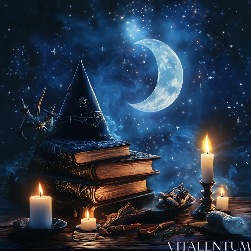 AI ART Mystical Night Scene with Witch Hat and Candles