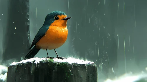 Snow-Perched Bird in Serene Winter Scene