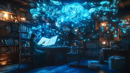 Library Scene with Reading Woman and Blue Light