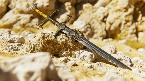 Golden Sword on Desert Rock - Surrealistic Art