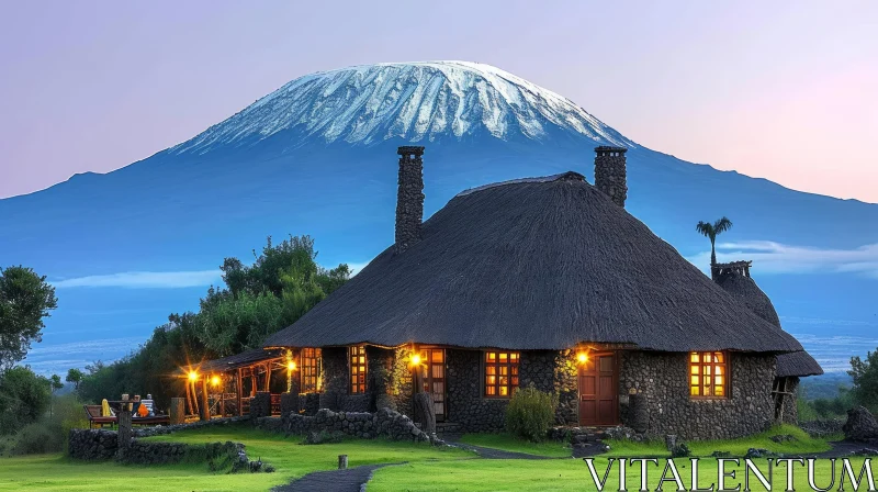 AI ART Rustic Thatched Hut and Majestic Mountain - A Blend of Romance and Tradition