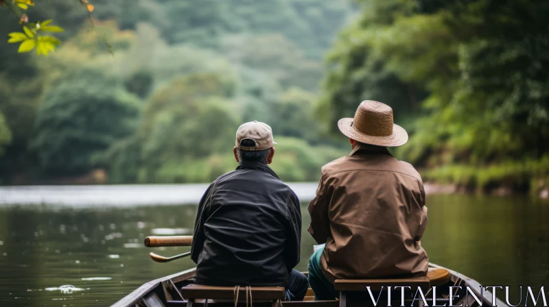 Serene Nature Scene: Two Men on a Boat in a Calm River AI Image