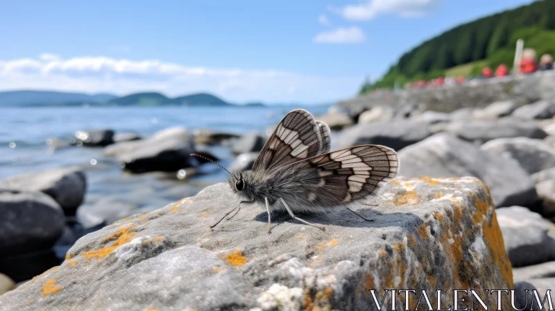 Small Grey Butterfly on Ocean Rocks - A Study in Photorealistic Accuracy AI Image