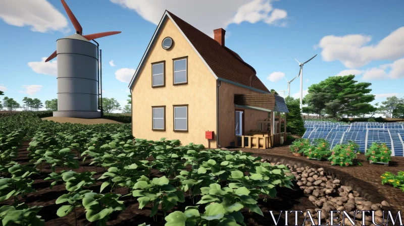 Sustainable Country House with Windmill and Vegetable Gardens AI Image