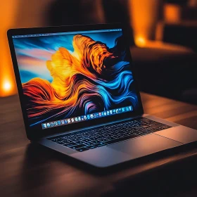 Stylish Laptop Featuring Digital Waves Wallpaper