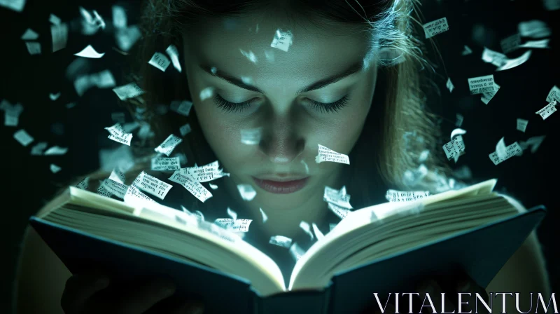 Woman Reading Book with Floating Pages AI Image