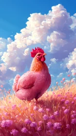 Pink Chicken in Floral Meadow AI Image