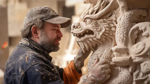 Dragon Sculpture in Progress: A Craftsman's Touch