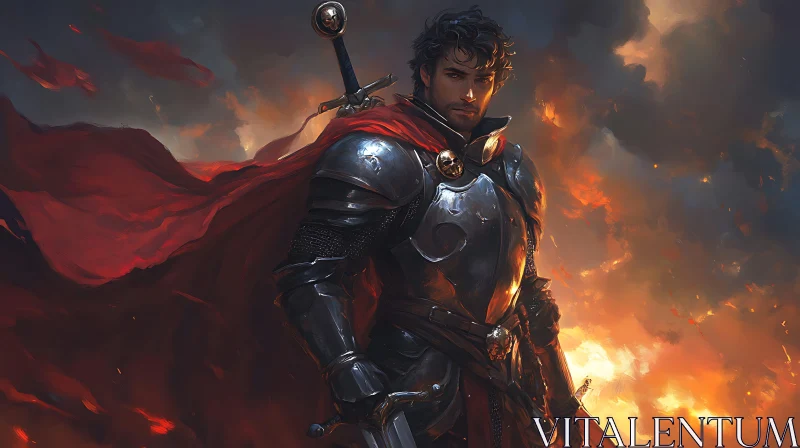 Armored Warrior with Sword and Red Cape AI Image