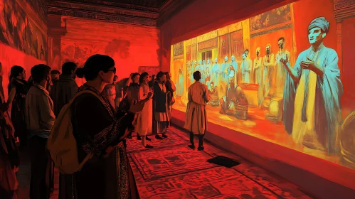 Museum Exhibition with Crowd and Artwork