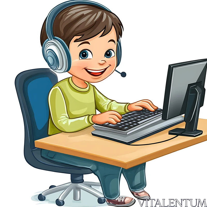 Happy Cartoon Boy at Computer Desk AI Image