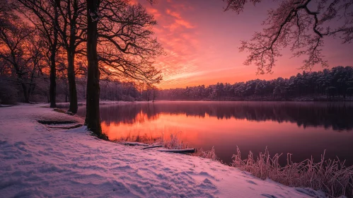 Serene Winter Landscape with Sunset Reflection