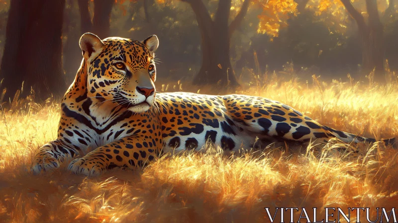 Leopard Resting on Sunlit Grass AI Image