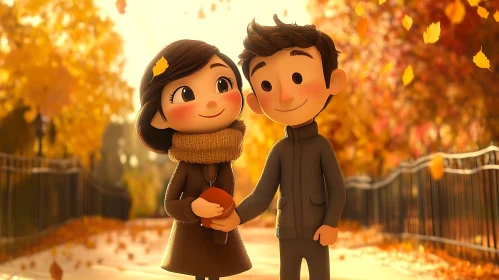 Autumn Romance: A Cartoon Couple's Stroll