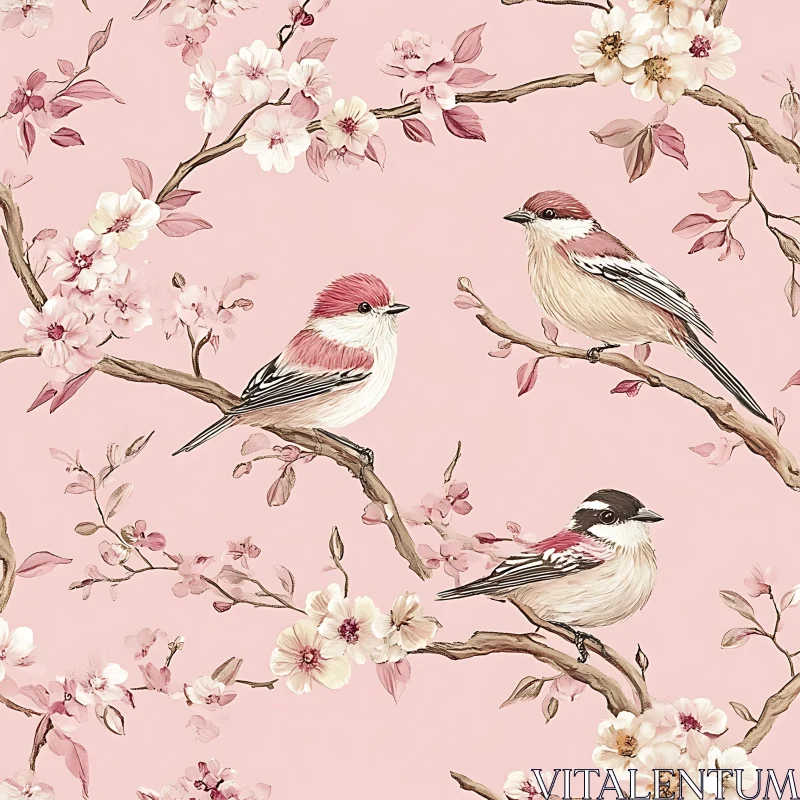 Birds and Blossoms on Pink Background AI Image