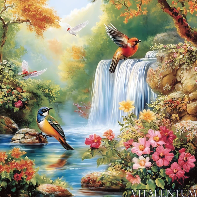 Peaceful Forest with Birds and Waterfall AI Image