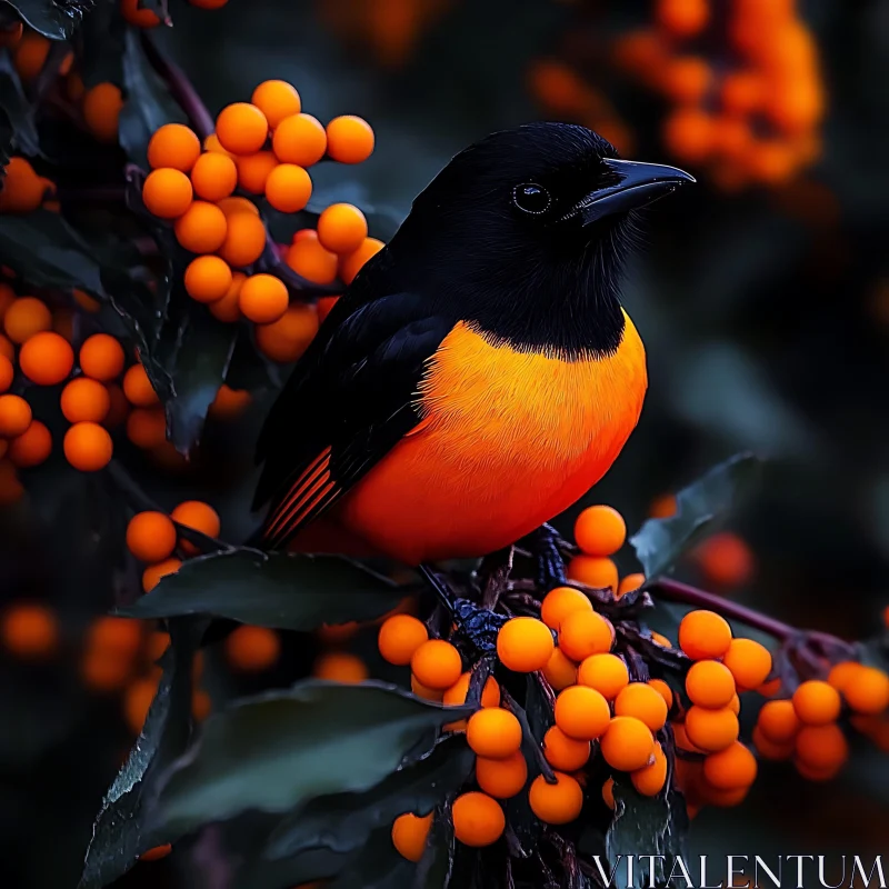 Bird with Orange Berries on Branch AI Image