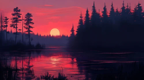 Lake Sunset with Silhouetted Trees