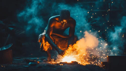 Man Working with Fire and Sparks