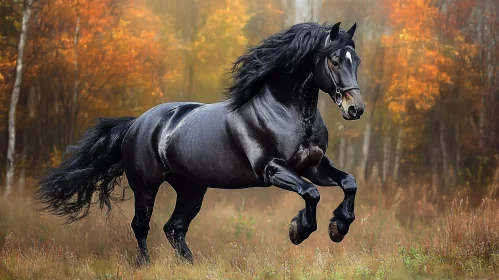 Black Stallion Amidst Autumn Colors