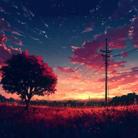 Crimson Sunset Over Golden Field