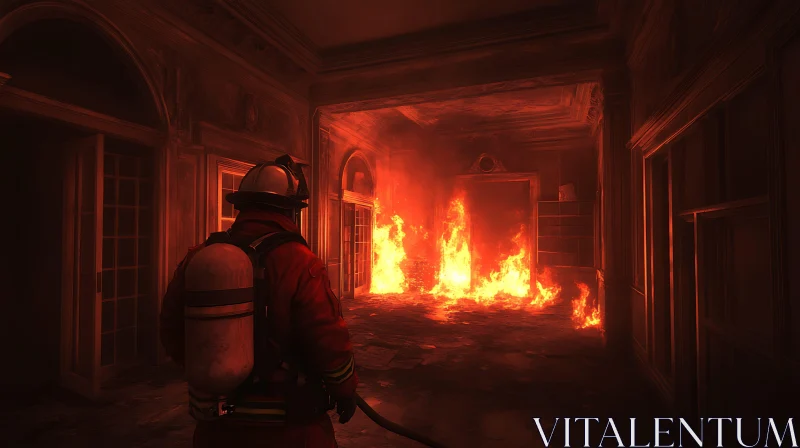 Brave Firefighter Confronting Building Fire AI Image