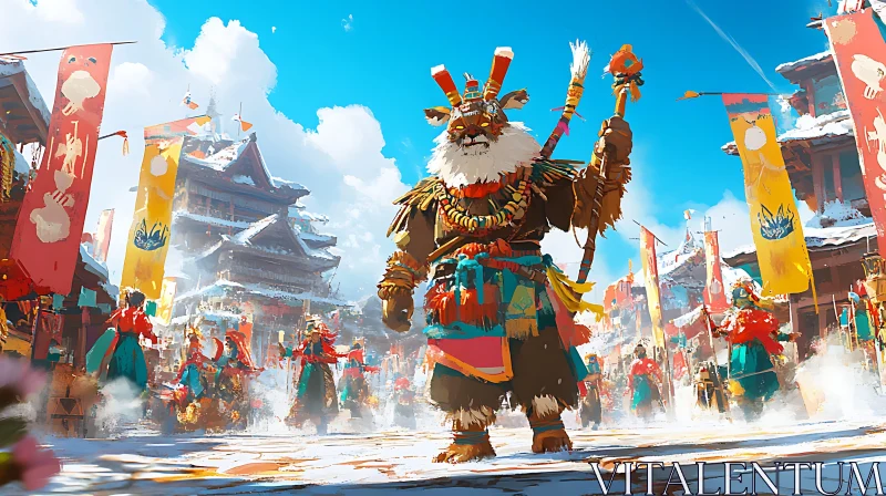 Snowy Town Festival with Lion Figure AI Image