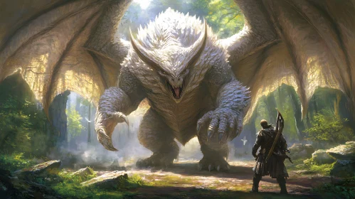 Forest Battle: Warrior Faces Colossal Dragon