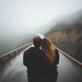 Couple's Serene Moment on Foggy Road